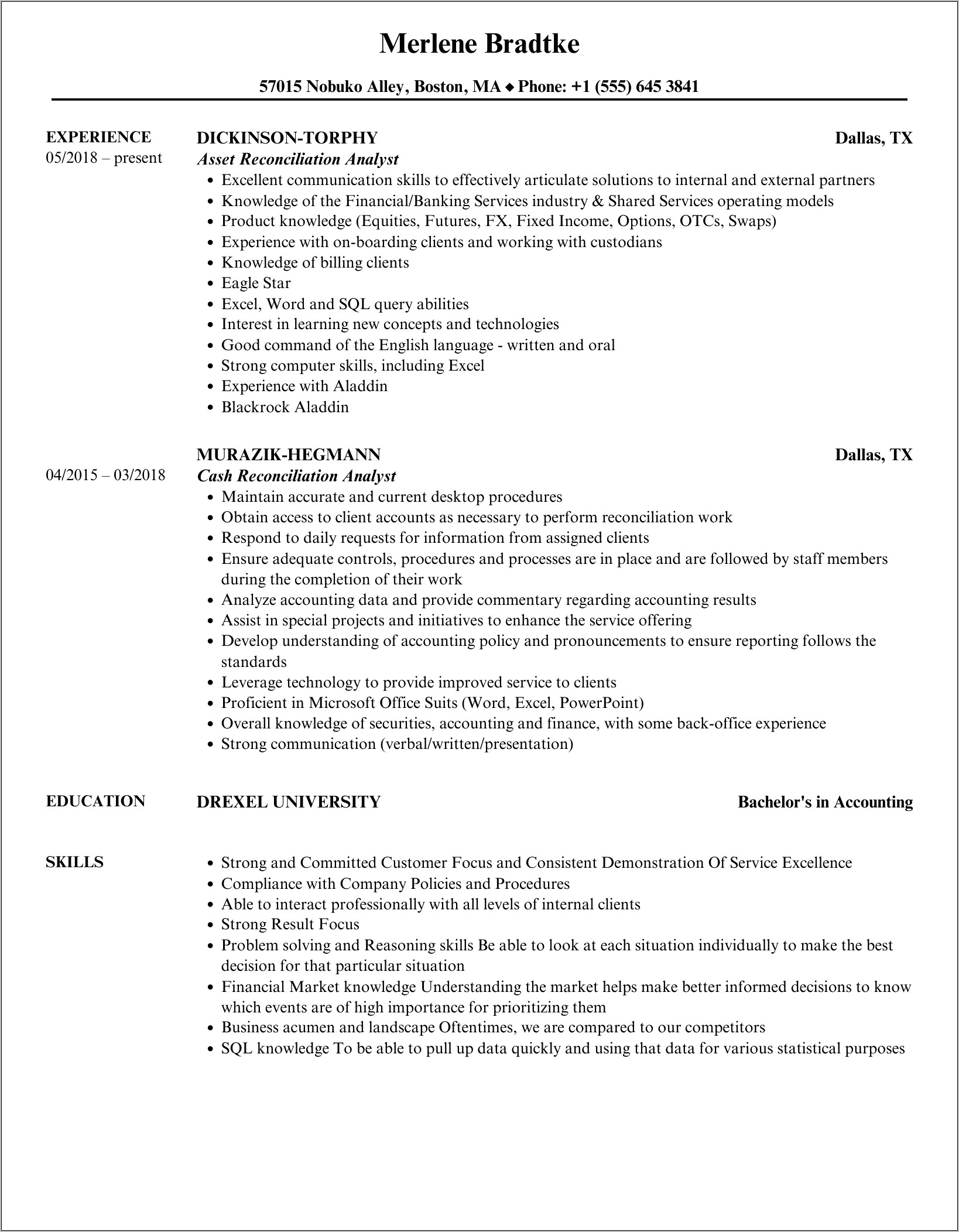 Reconciliation On Resume Job Description