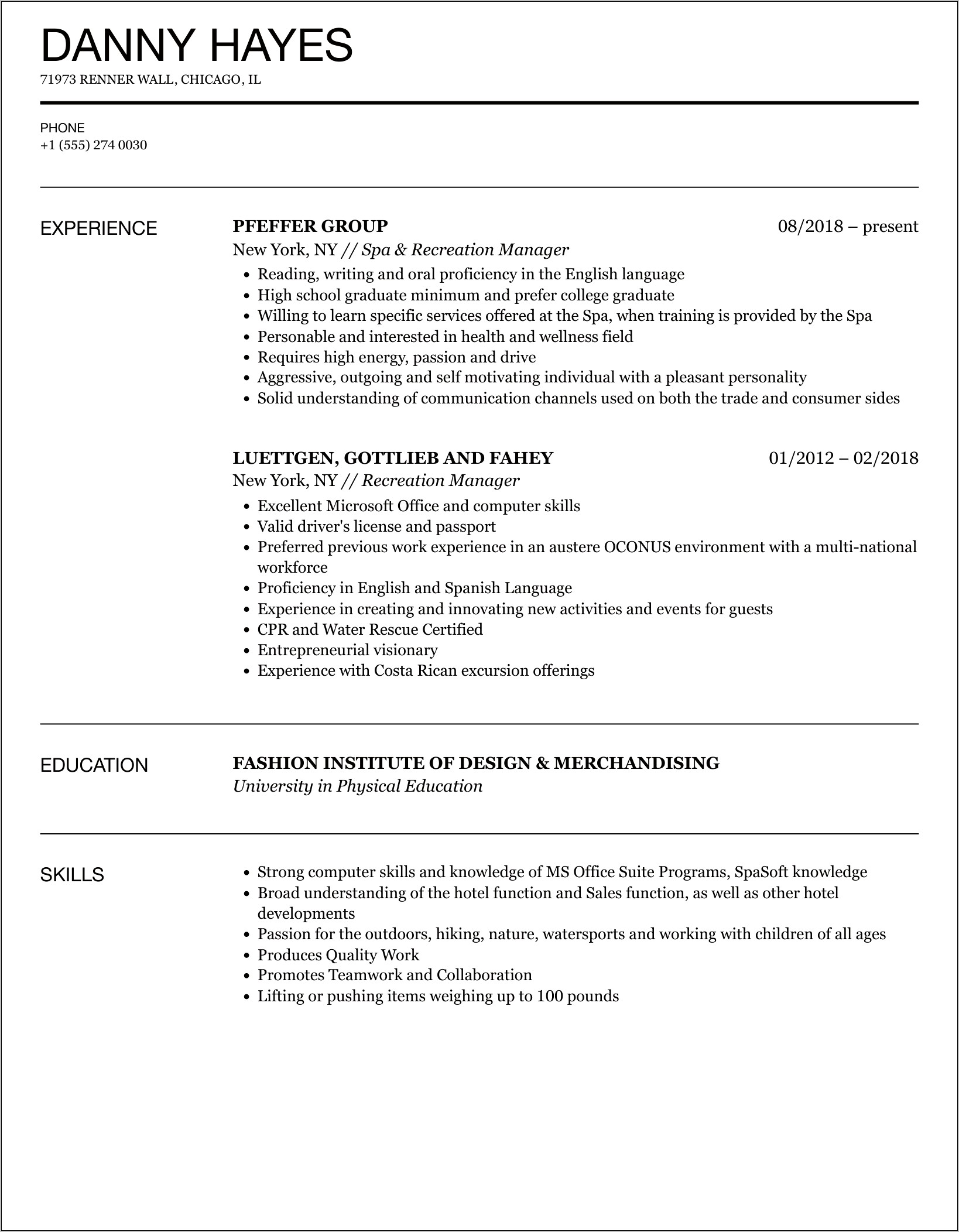 Recreation Assistant Manager Resume Sample