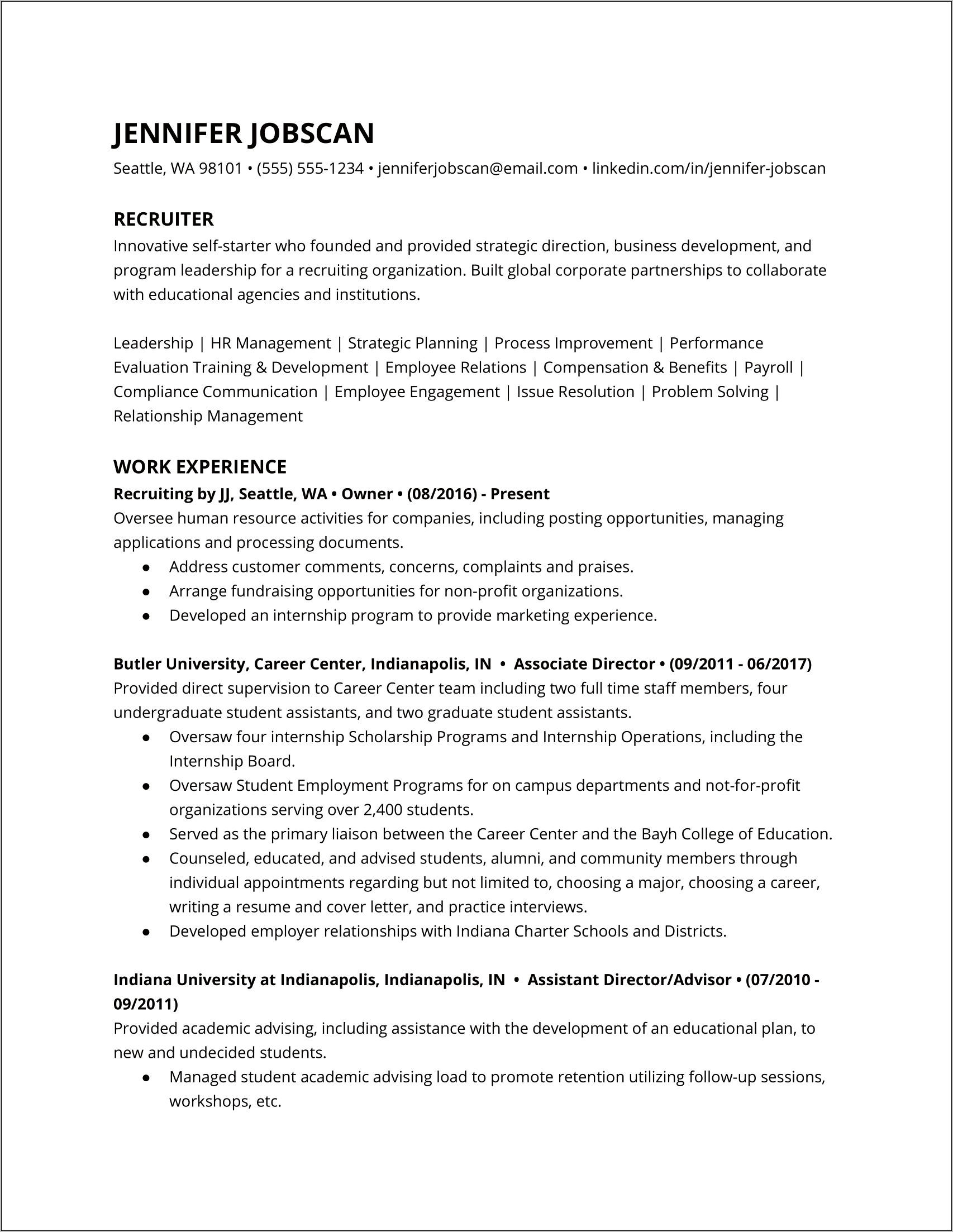 Recruiter Objective Examples For Resume