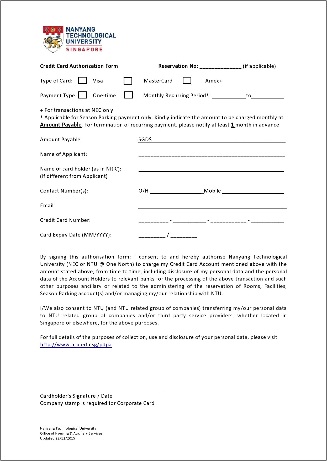 Recurring Credit Card Authorization Form Template Free