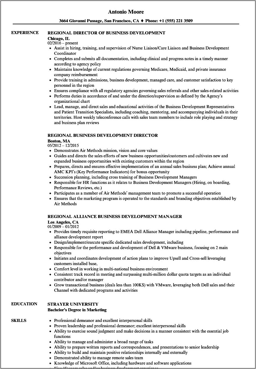 Regional Business Development Manager Resume