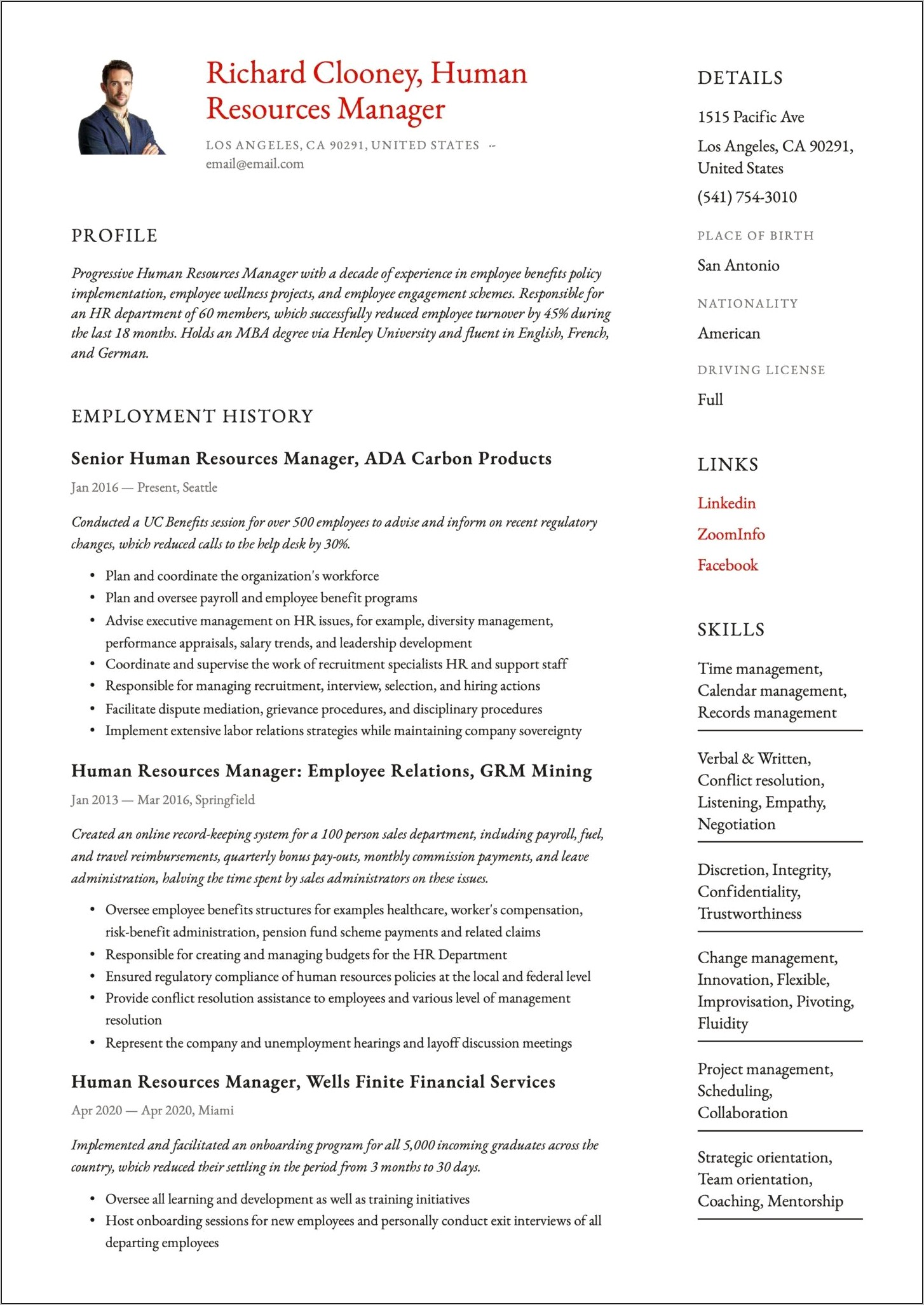 Regional Human Resources Manager Resume