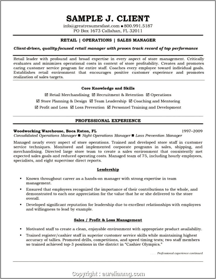 Regional Retail Sales Manager Resume