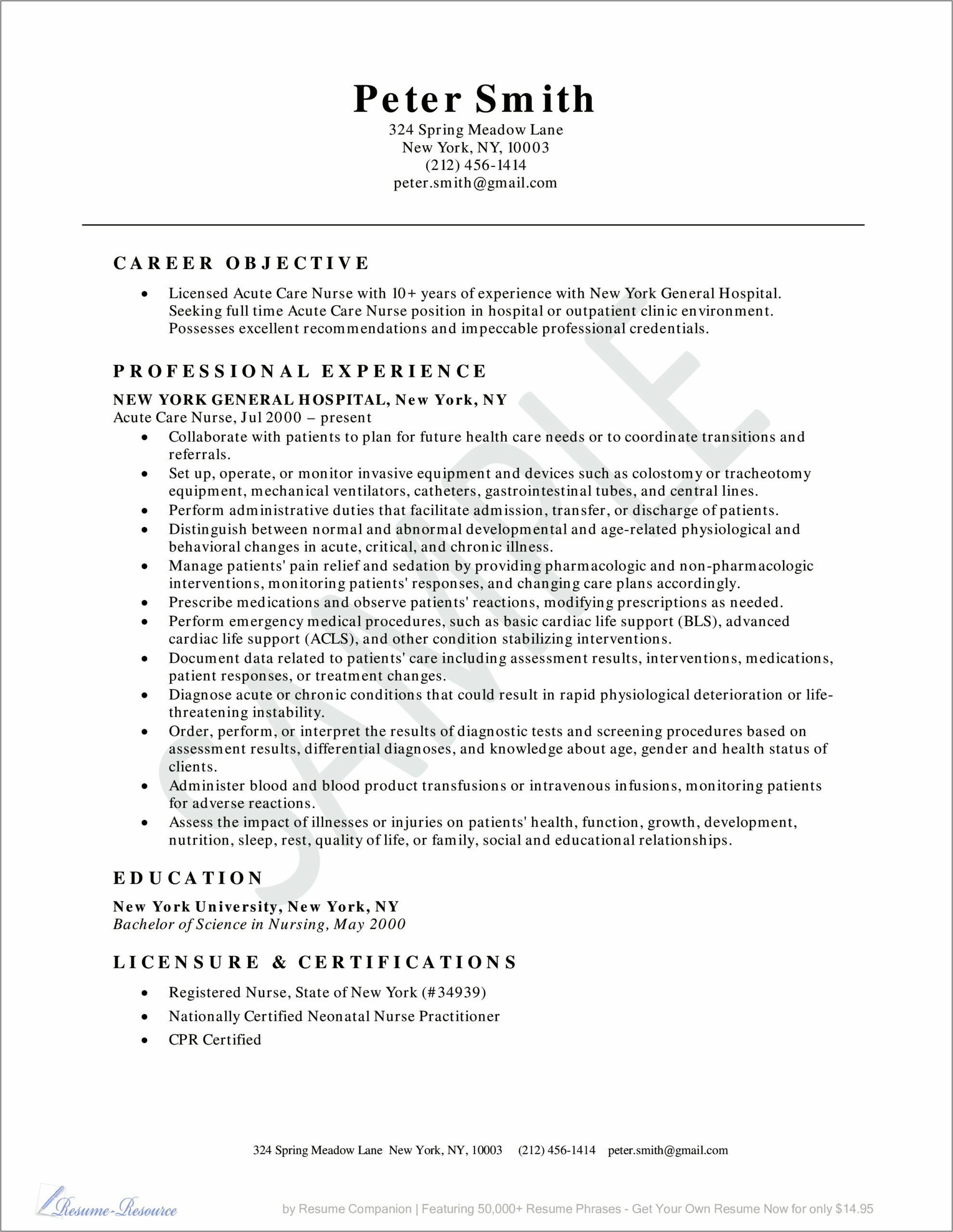 Registered Nurse Resume Objective Sample