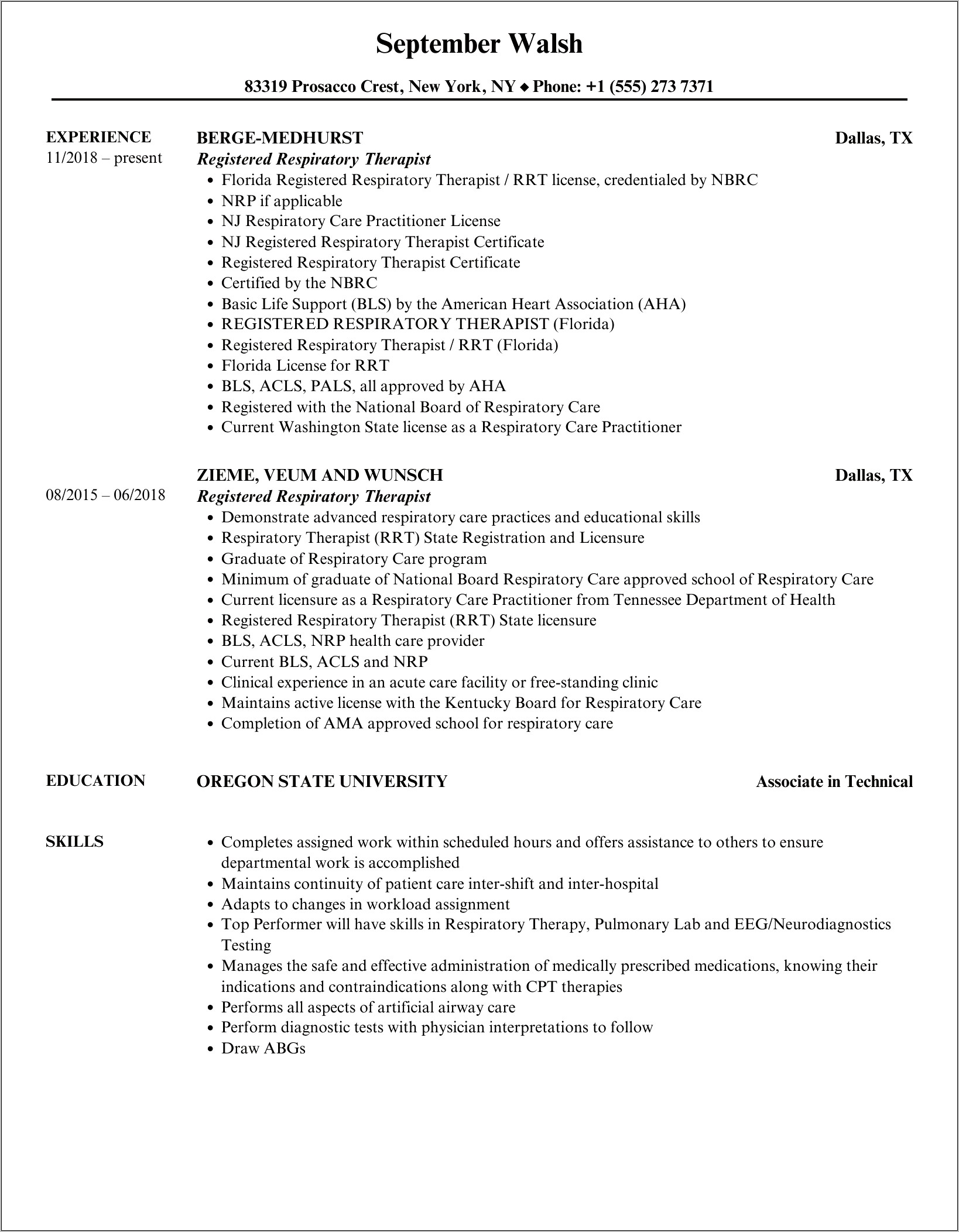 Registered Respiratory Therapist Resume Example