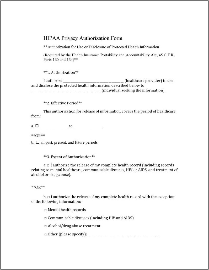 Release Of Information Form Template Mental Health Free