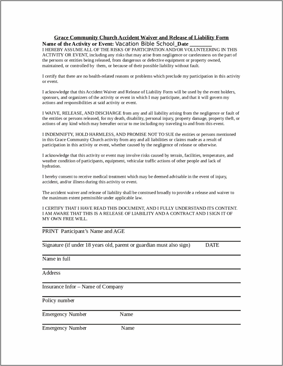 Release Of Liability For Property Damage Free Template