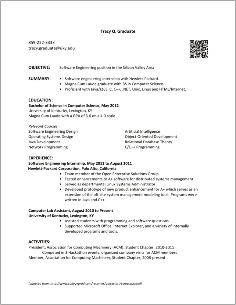 Relevant Courses On Resume Example