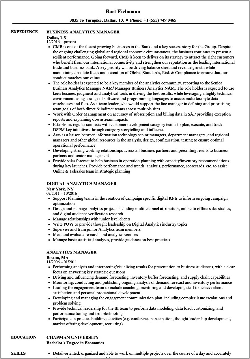 Reporting And Analytics Manager Resume