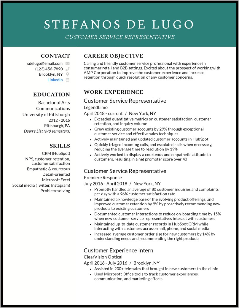 Representative Customer Service Resume Examples