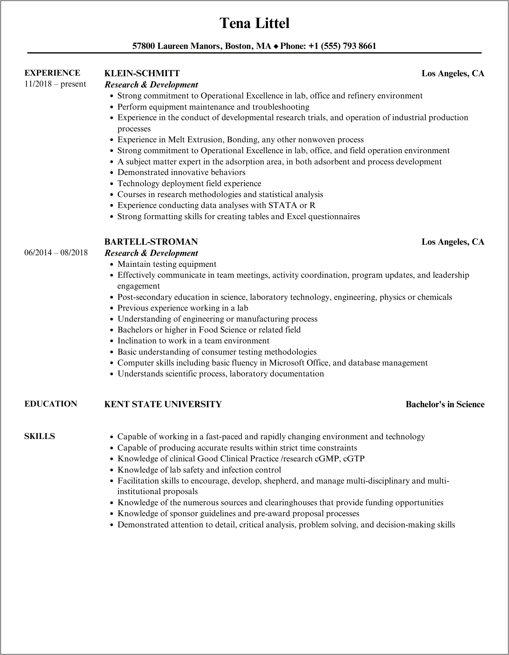 Research And Development Resume Objective