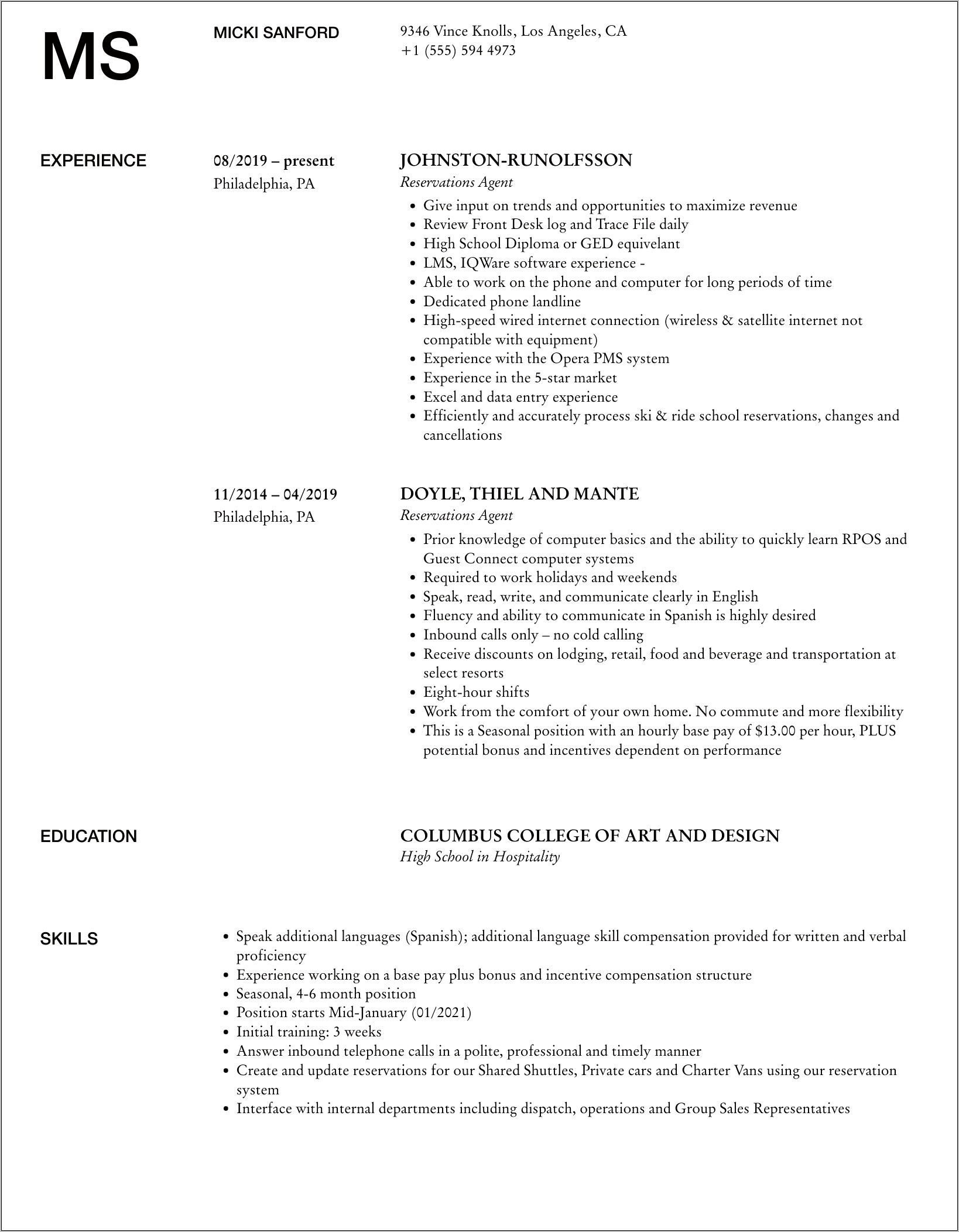 Reservation Agent Job Description Resume