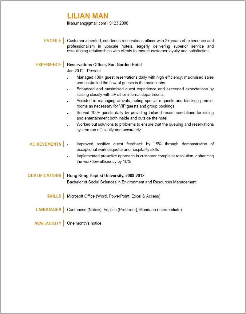 Reservationist Job Description For Resume