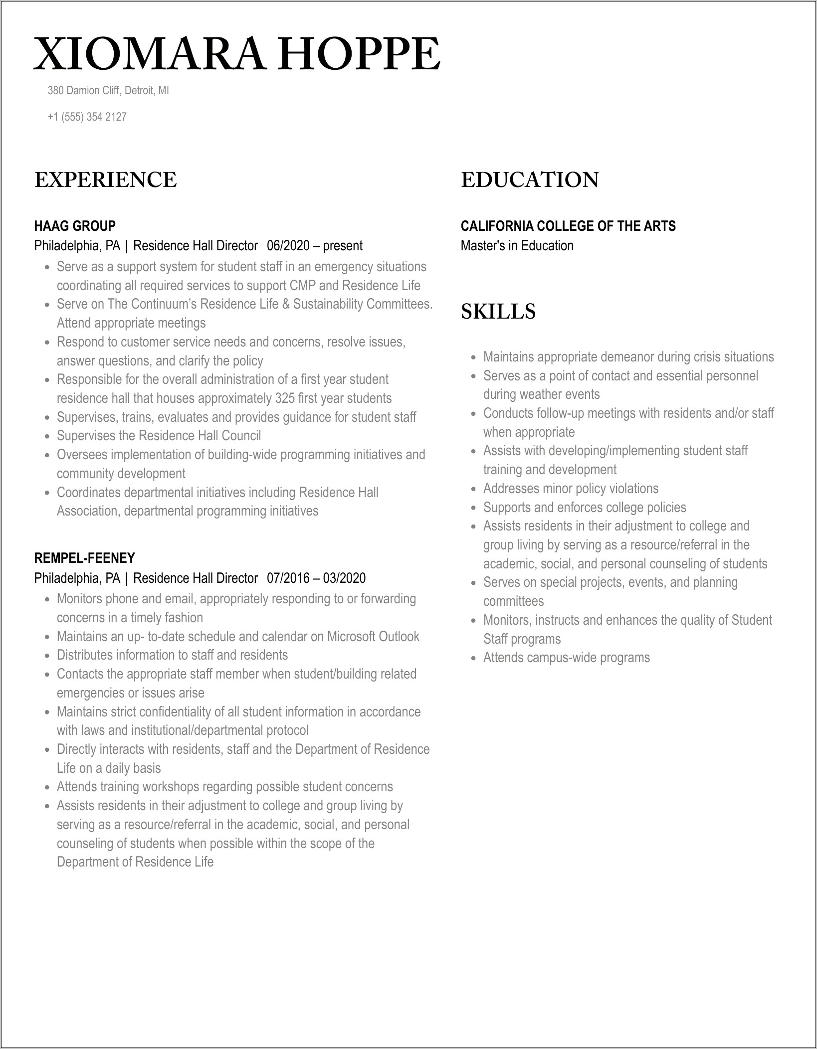 Residence Hall Director Resume Sample