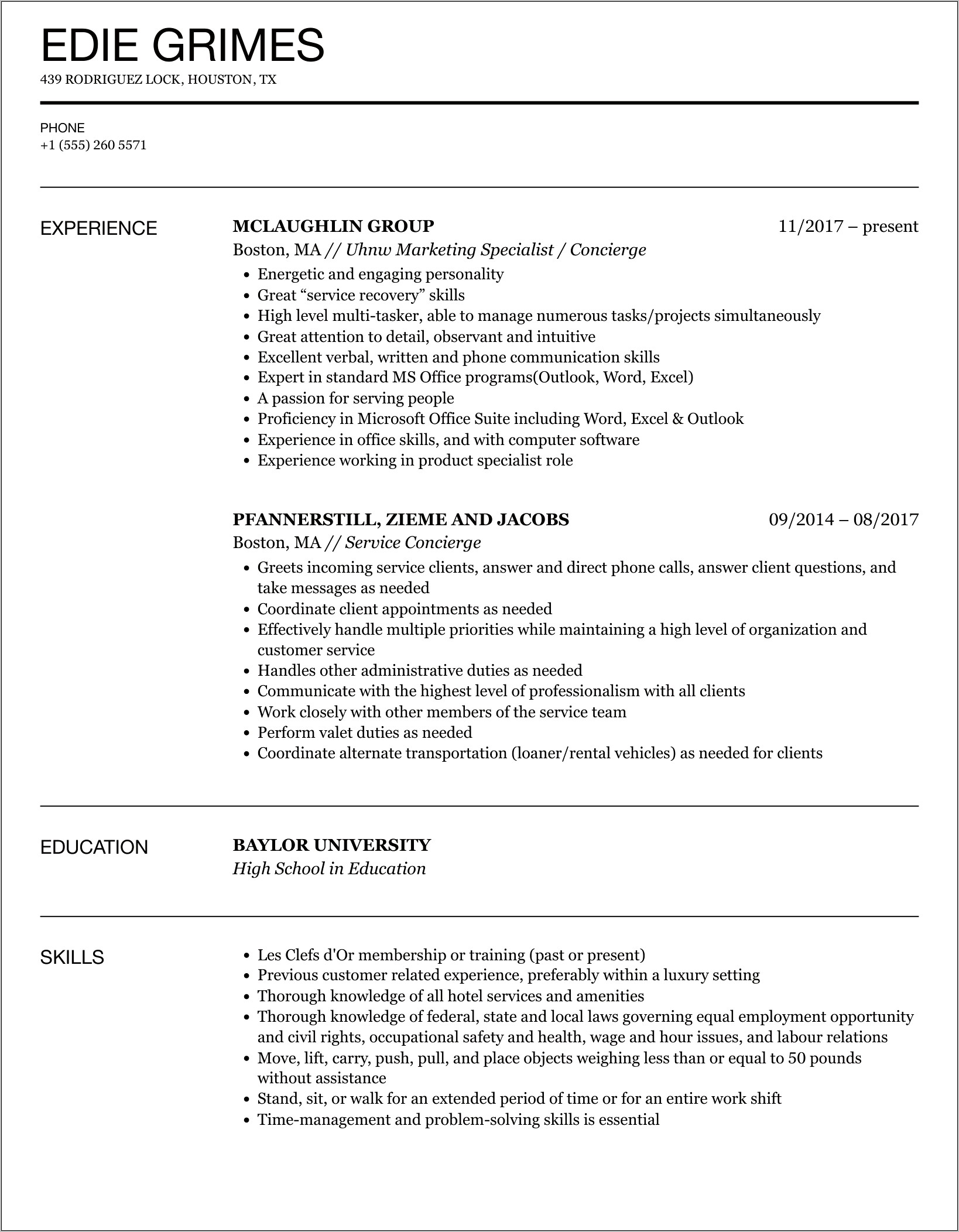 Residential Concierge Resume Skills Samples