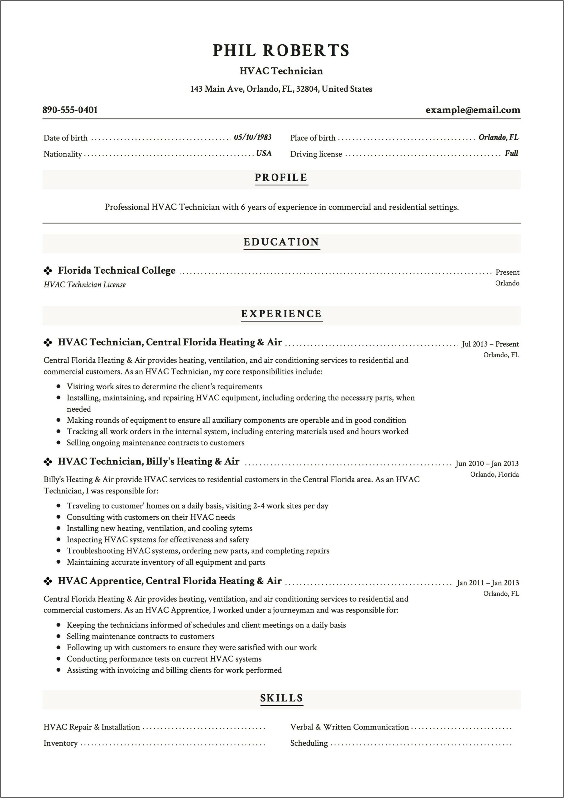 Residential Hvac Technician Resume Sample