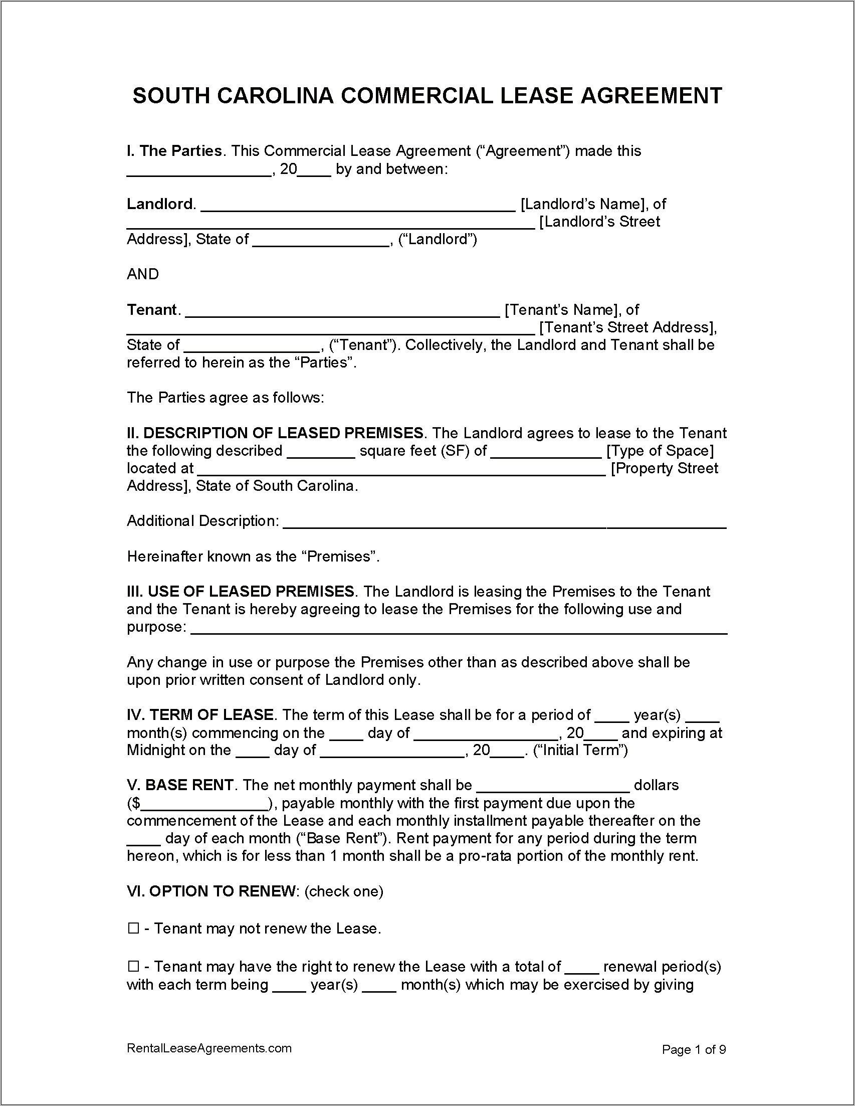 Residential Lease Agreement Template Free South Carolina