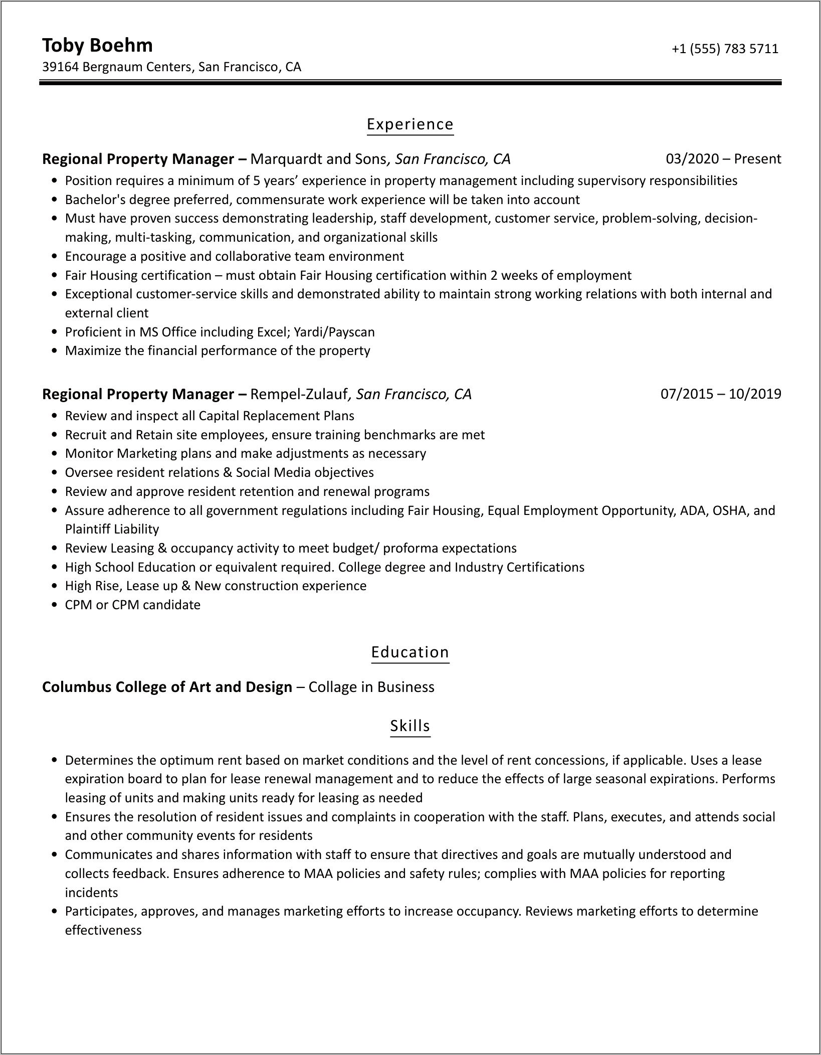 Residential Property Manager Resume Template