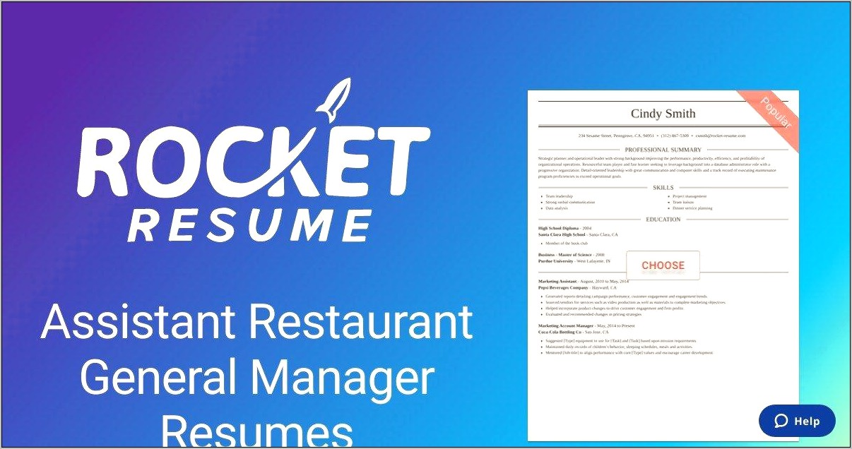 Restaurant Assistant General Manager Resume