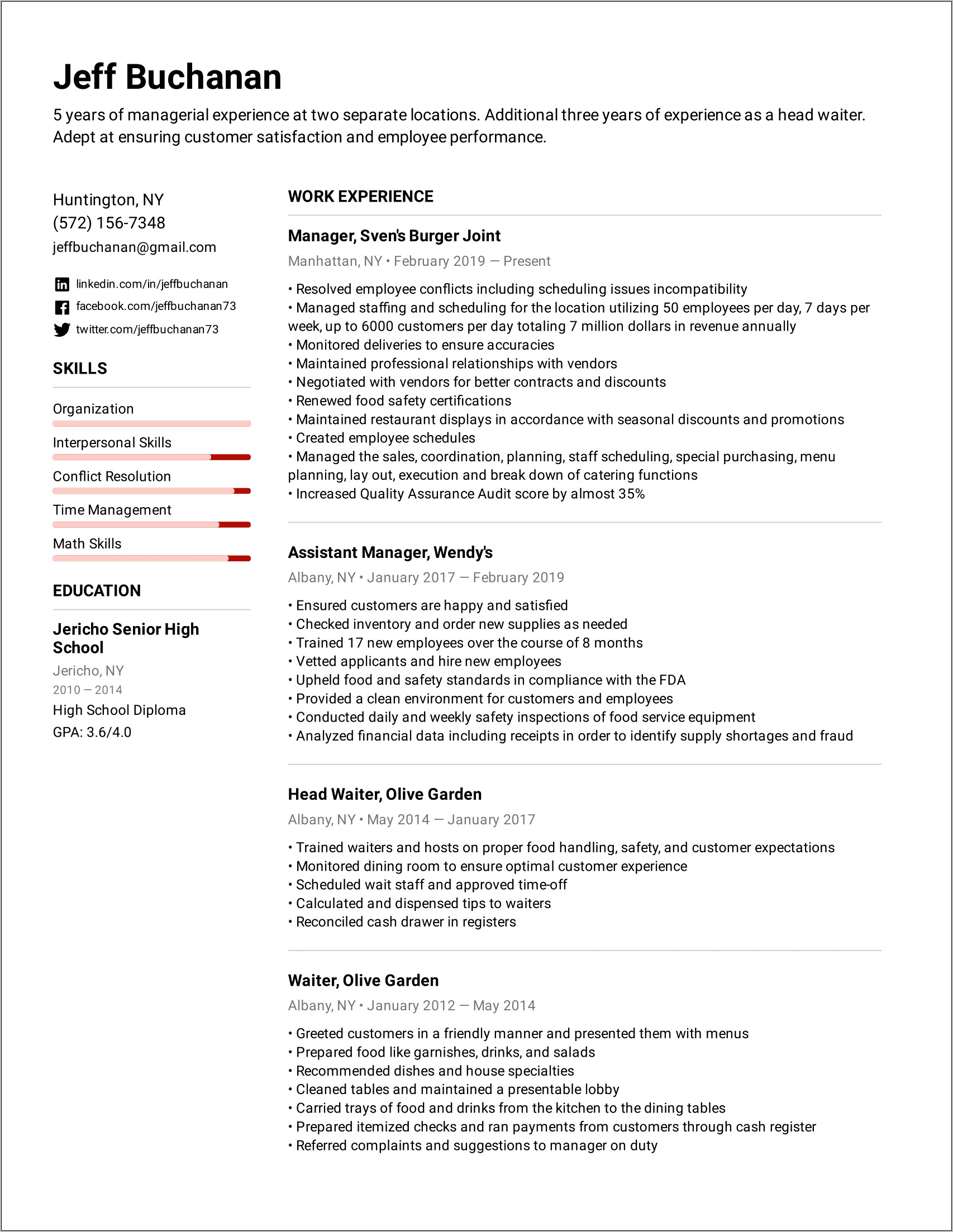 Restaurant Assistant Manager Resume Example