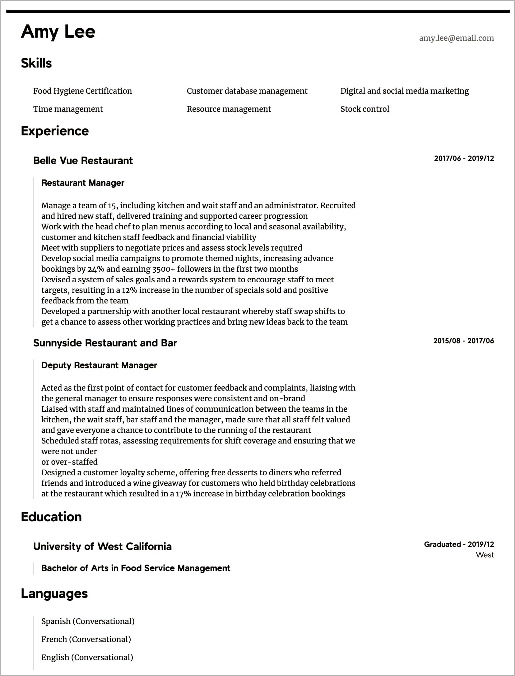 Restaurant Business Development Manager Resume