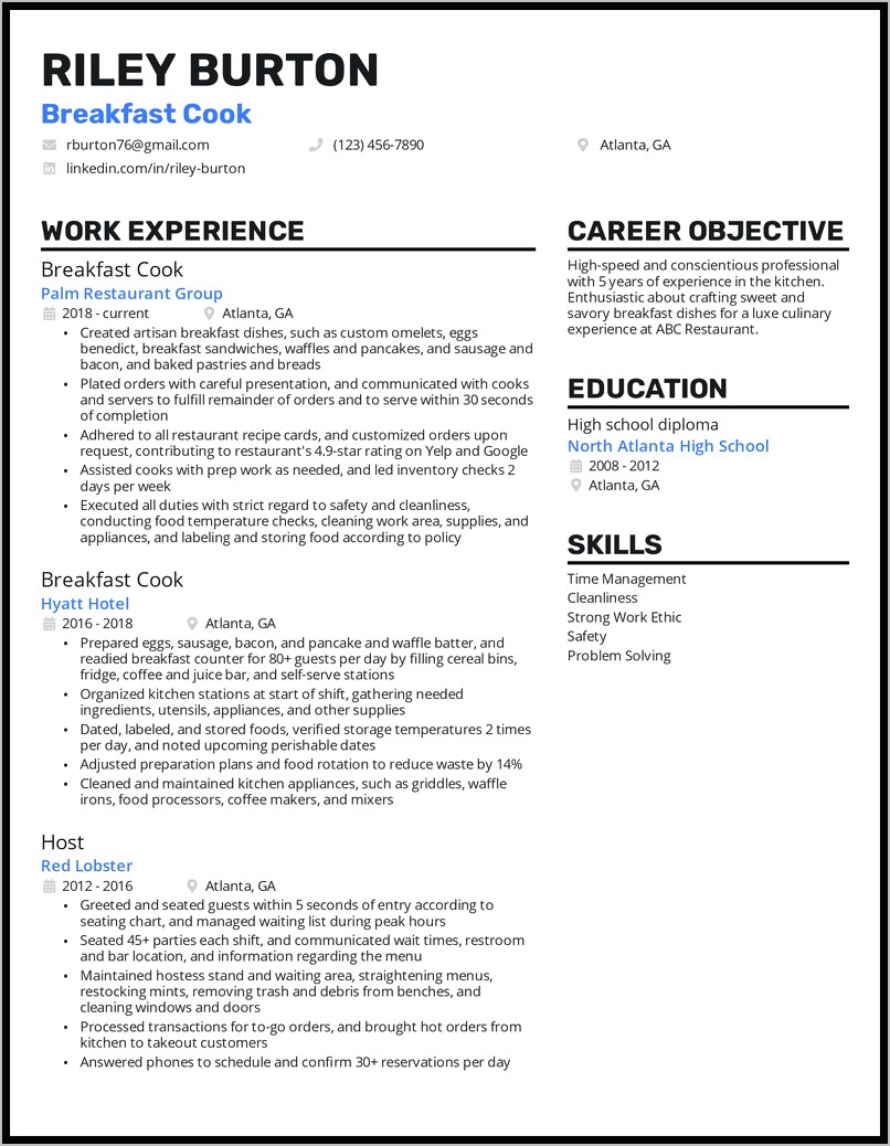 Restaurant Cook Experience Resume Example