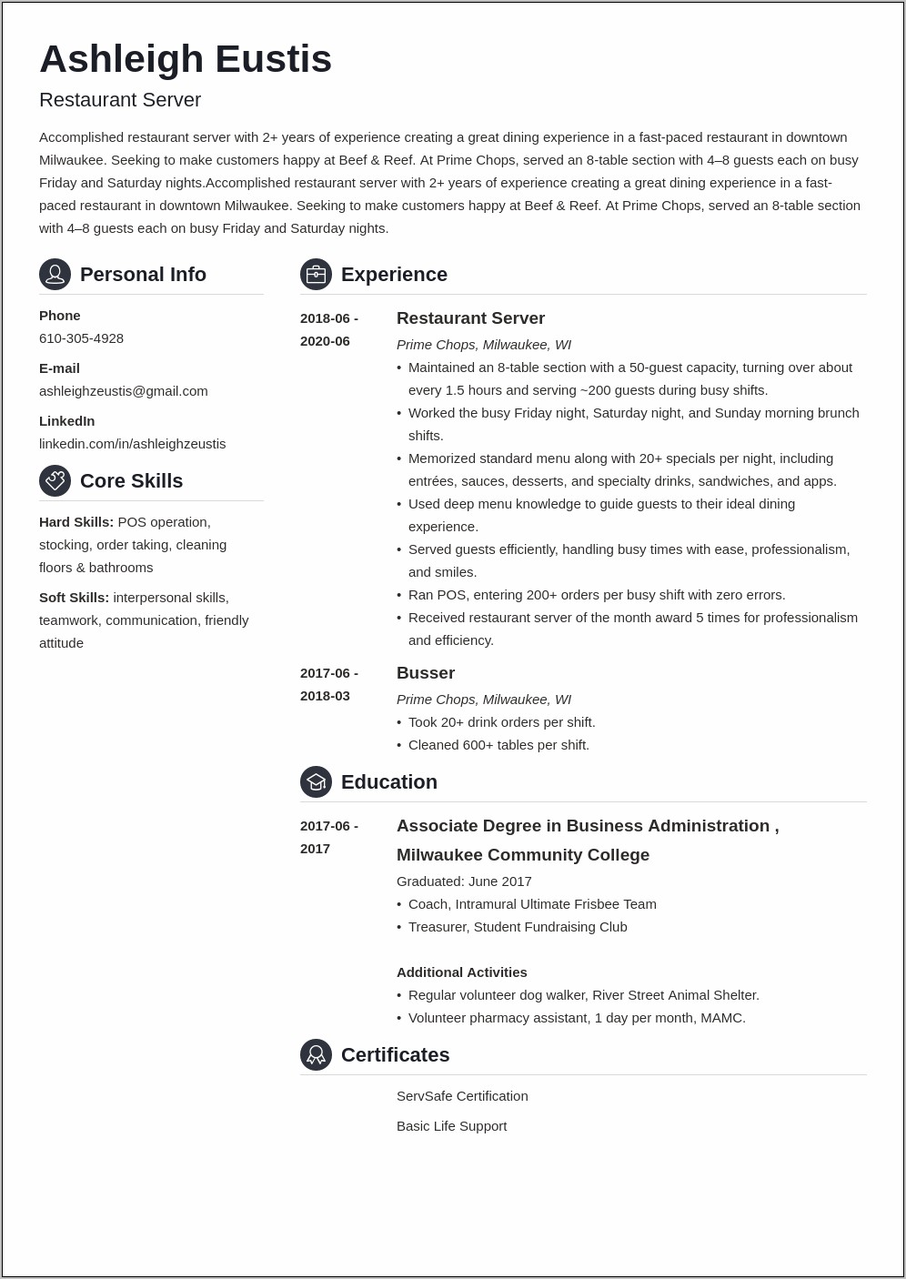 Restaurant Customer Service Resume Sample