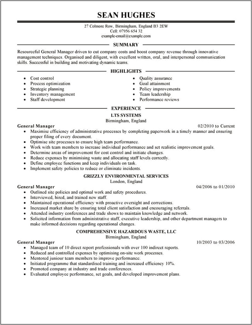 Restaurant General Manager Resume Summary