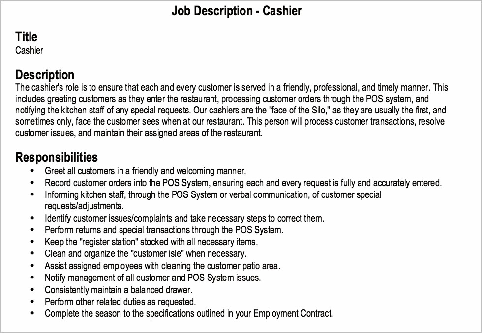 Restaurant Job Descriptions For Resume