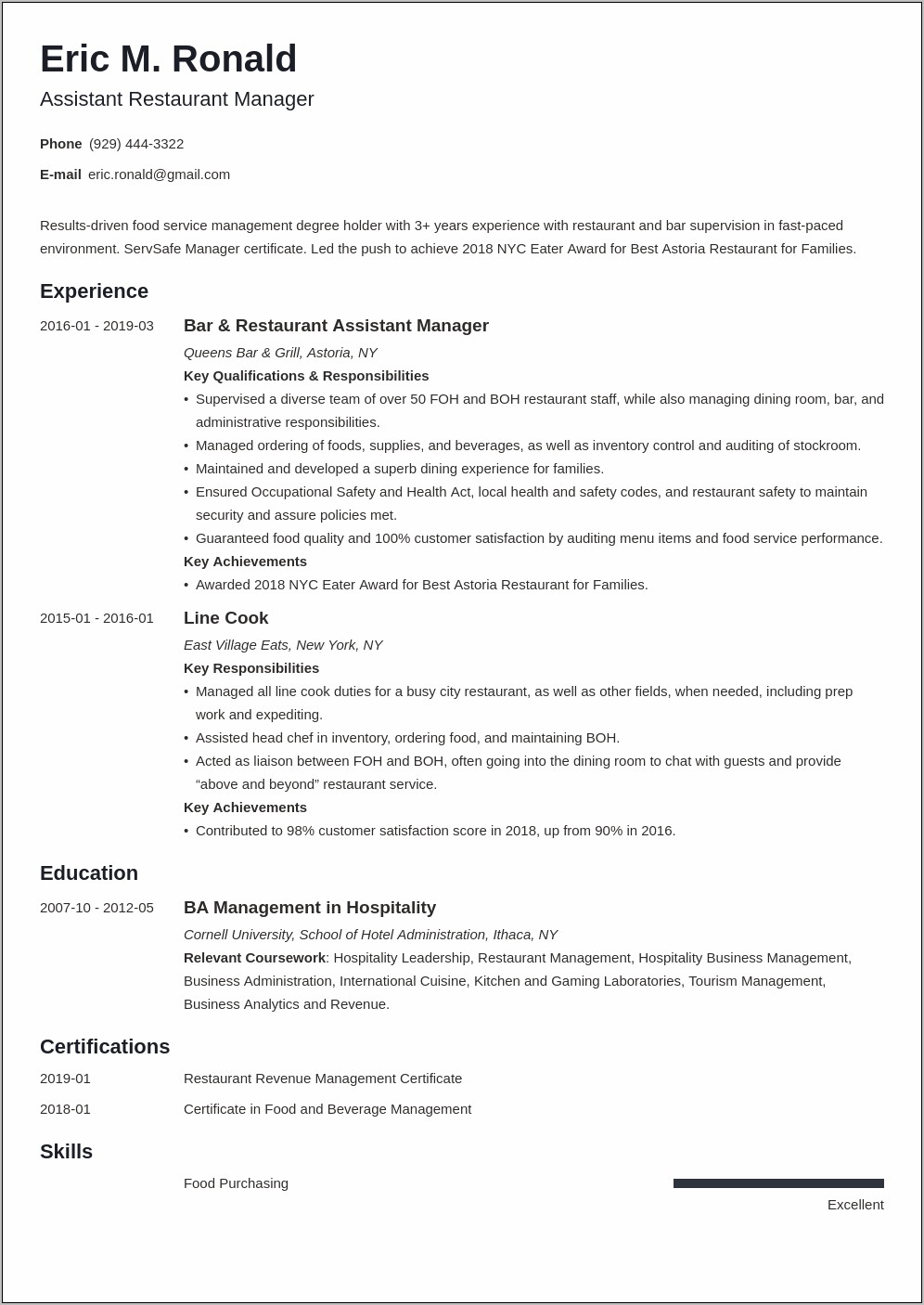 Restaurant Management Resume Templates Free