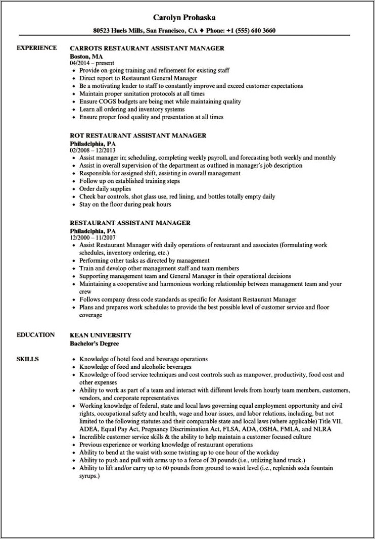 Restaurant Manager In Training Resume