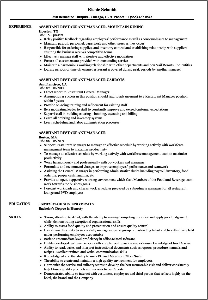 Restaurant Manager Resume Bullet Points