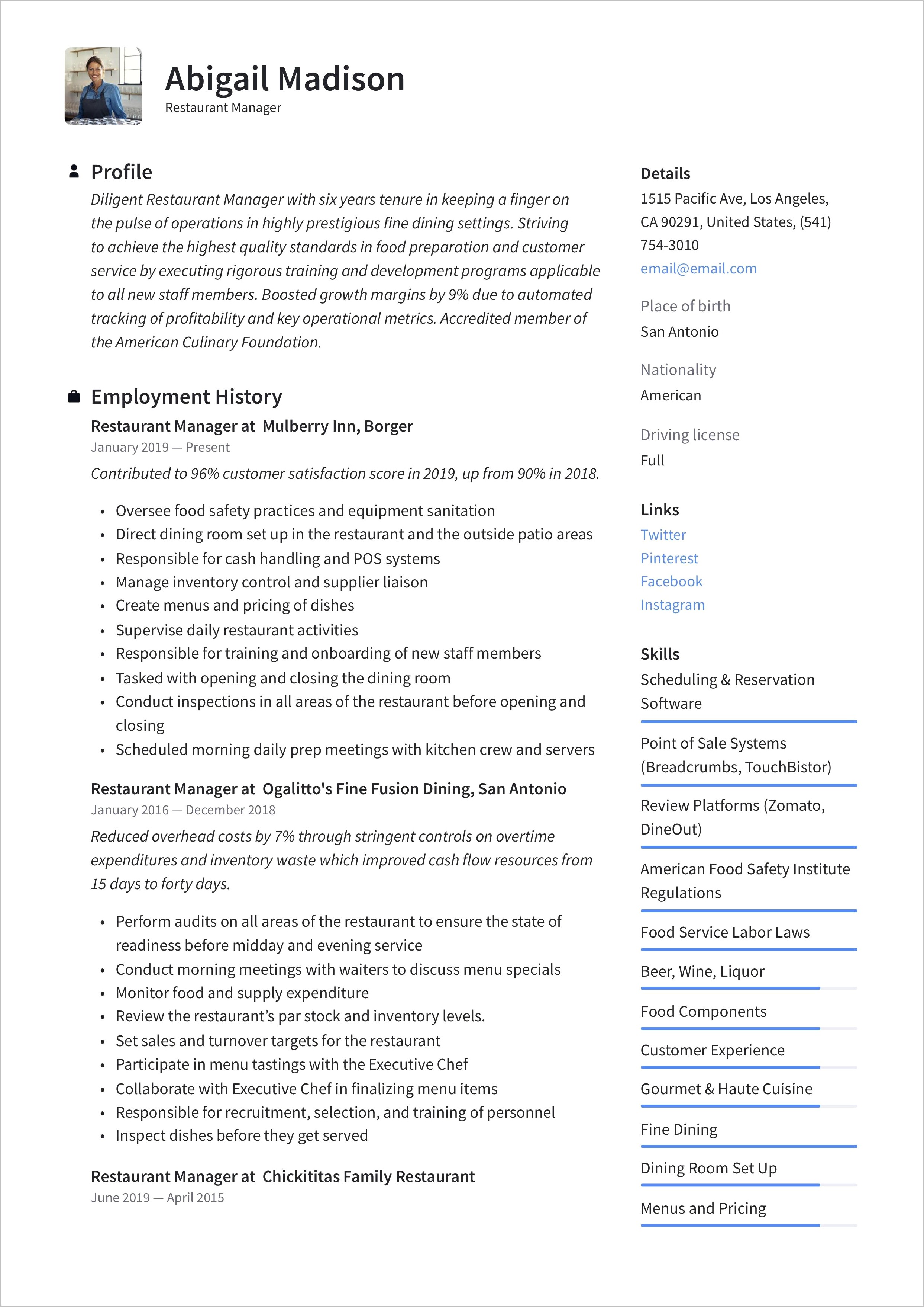 Restaurant Manager Resume Profile Examples