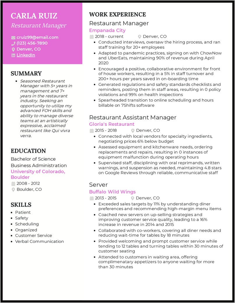 Restaurant Manager Resume Sample Free