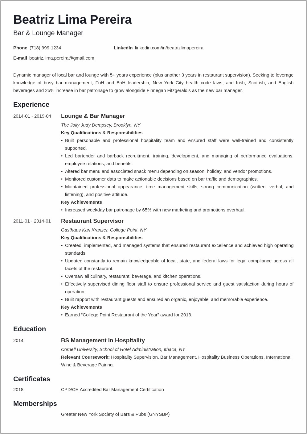 Restaurant Manager Summary Resume Examples