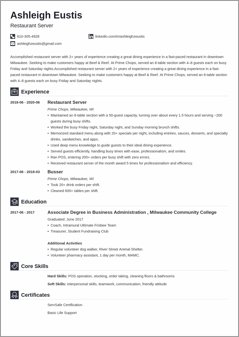 Restaurant Server Resume Objective Examples