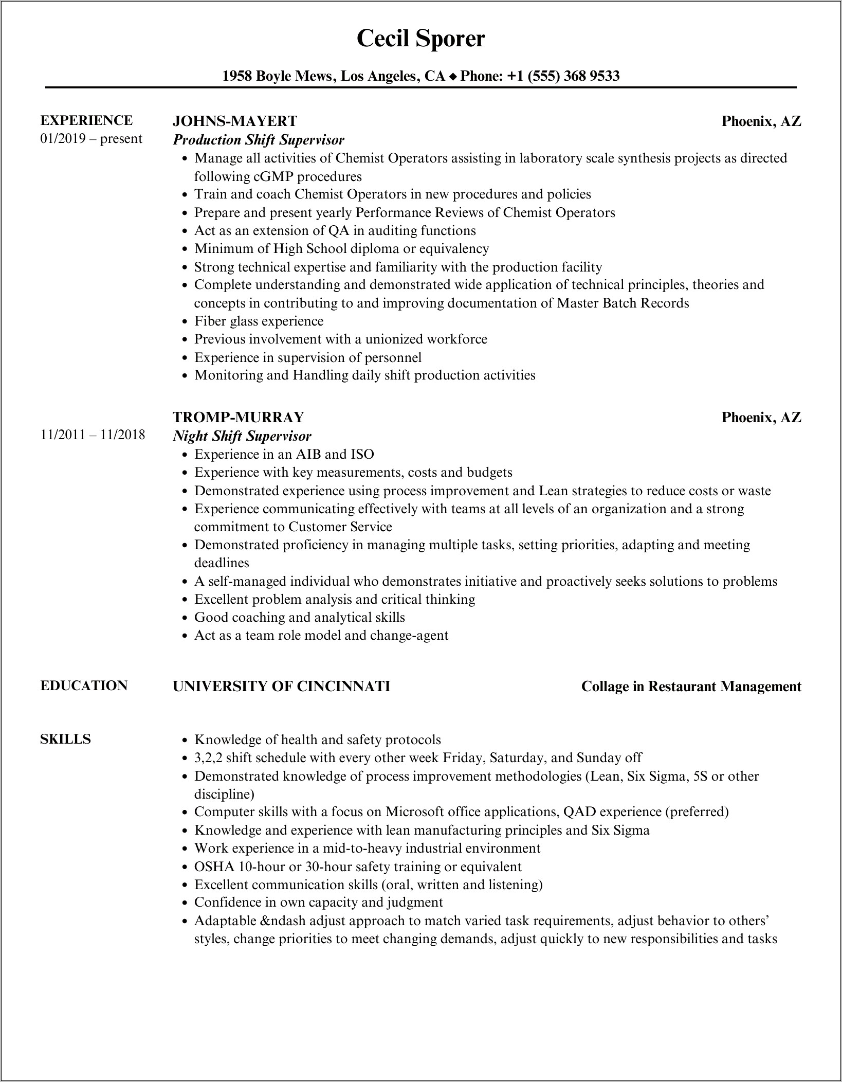 Restaurant Shift Leader Resume Skills