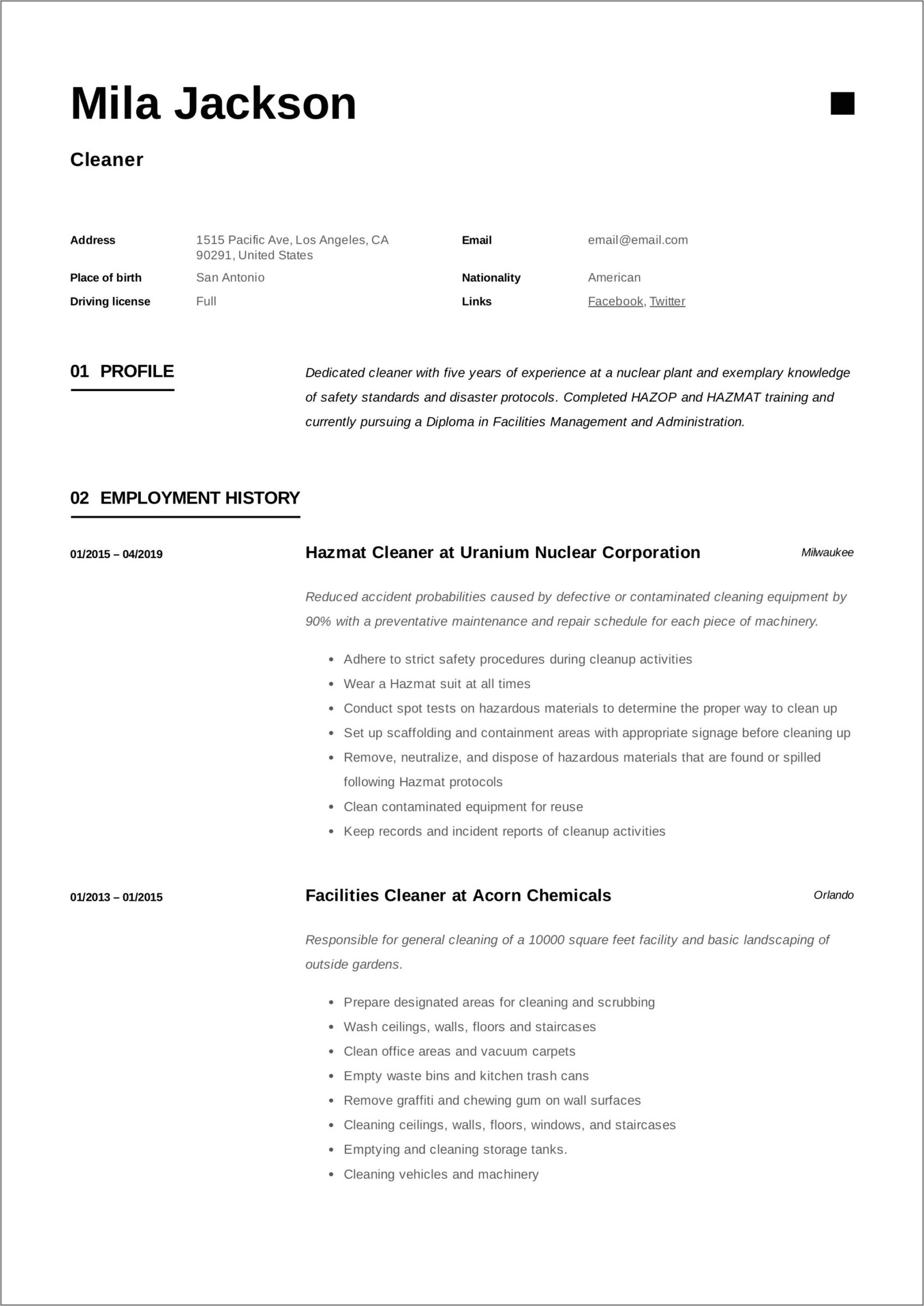 Restaurants Cleaner Cv Resume Sample