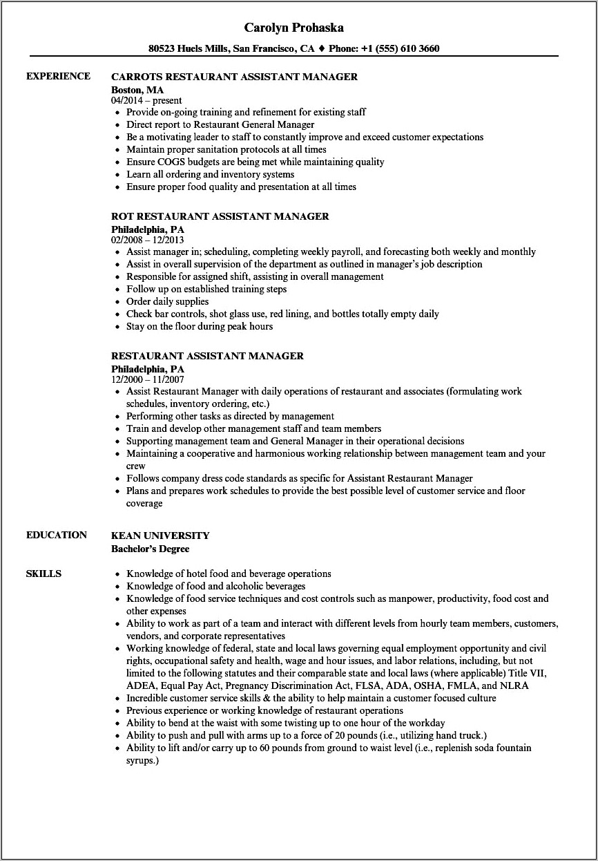 Resteraunt Manager On A Resume