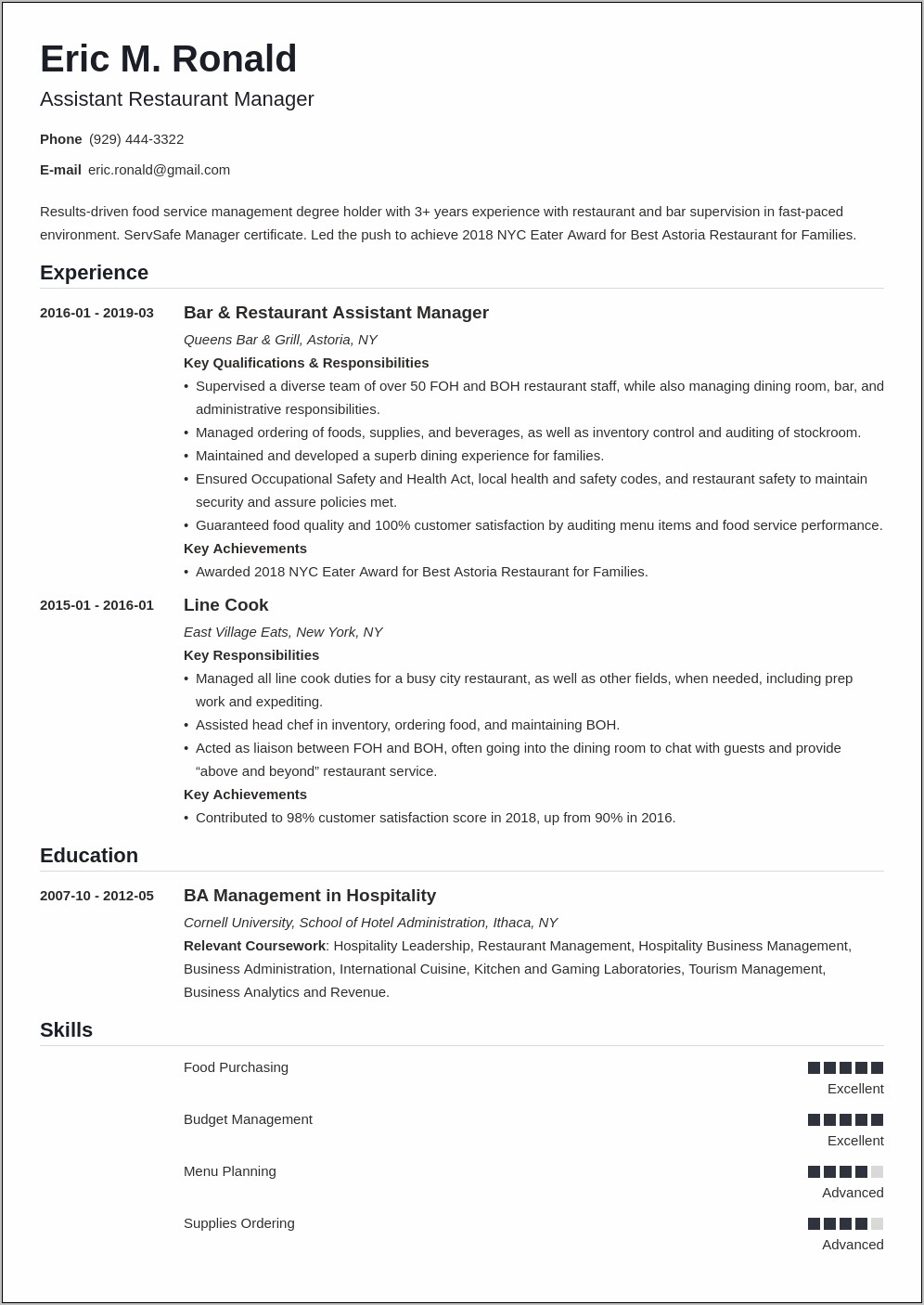 Resturant Kitchen Lead Resume Examples