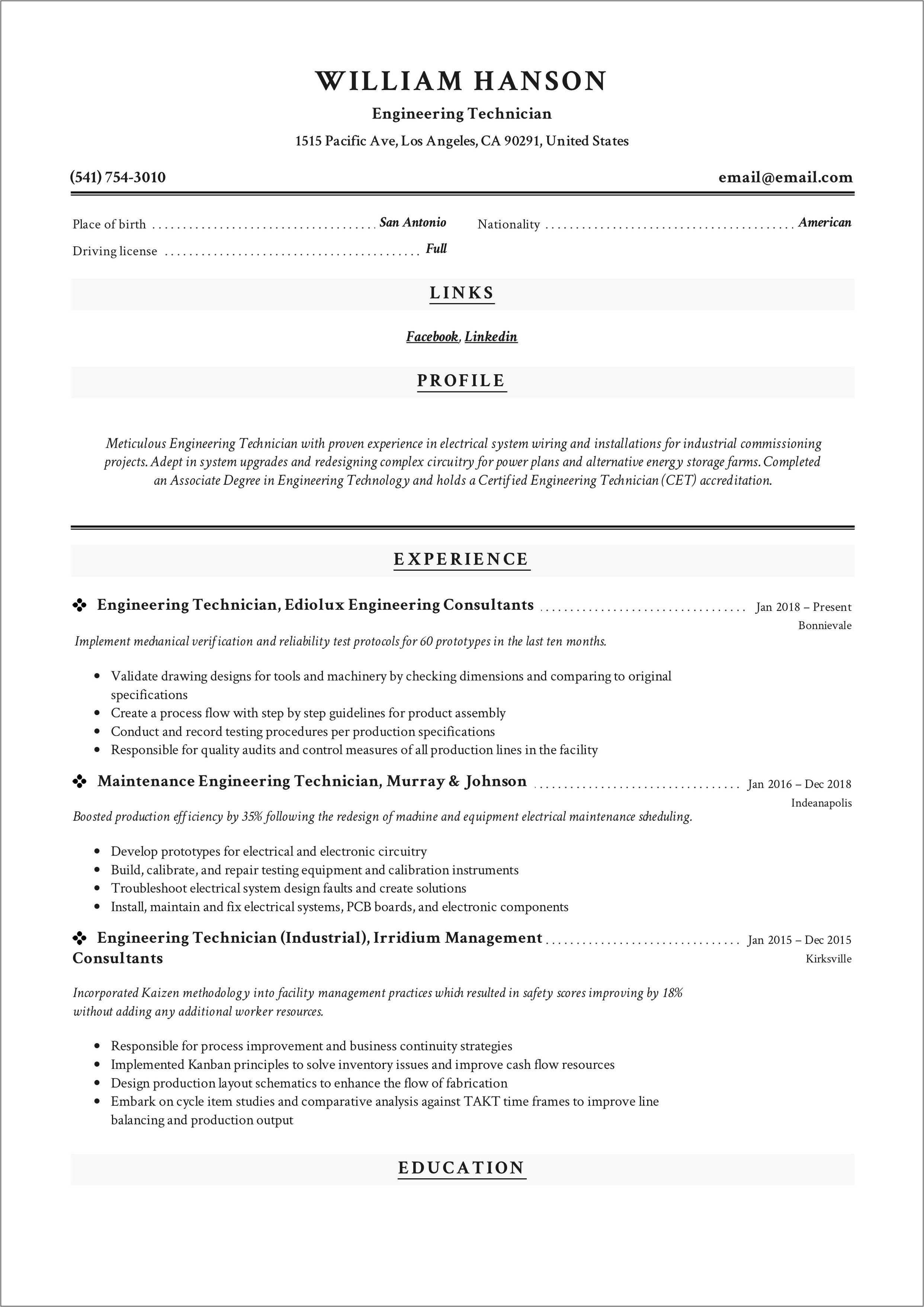 Resume 0802 Engineering Technicial Objectives