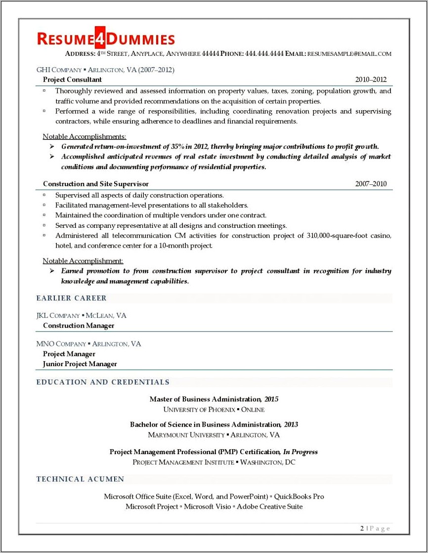 Resume Accomplishments Examples Project Manager