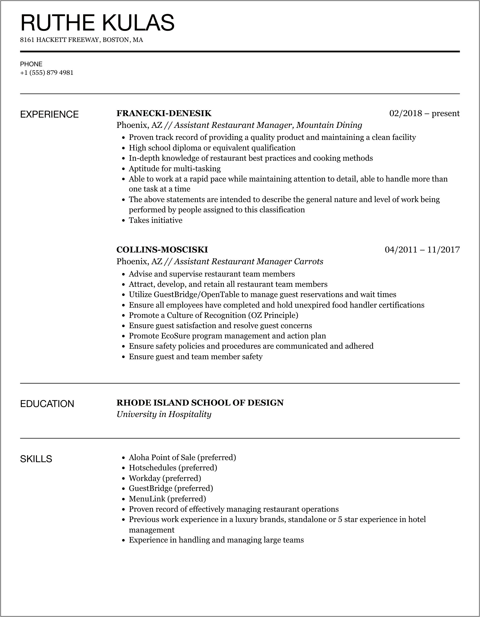 Resume Assistant Manager Mexican Restaurant