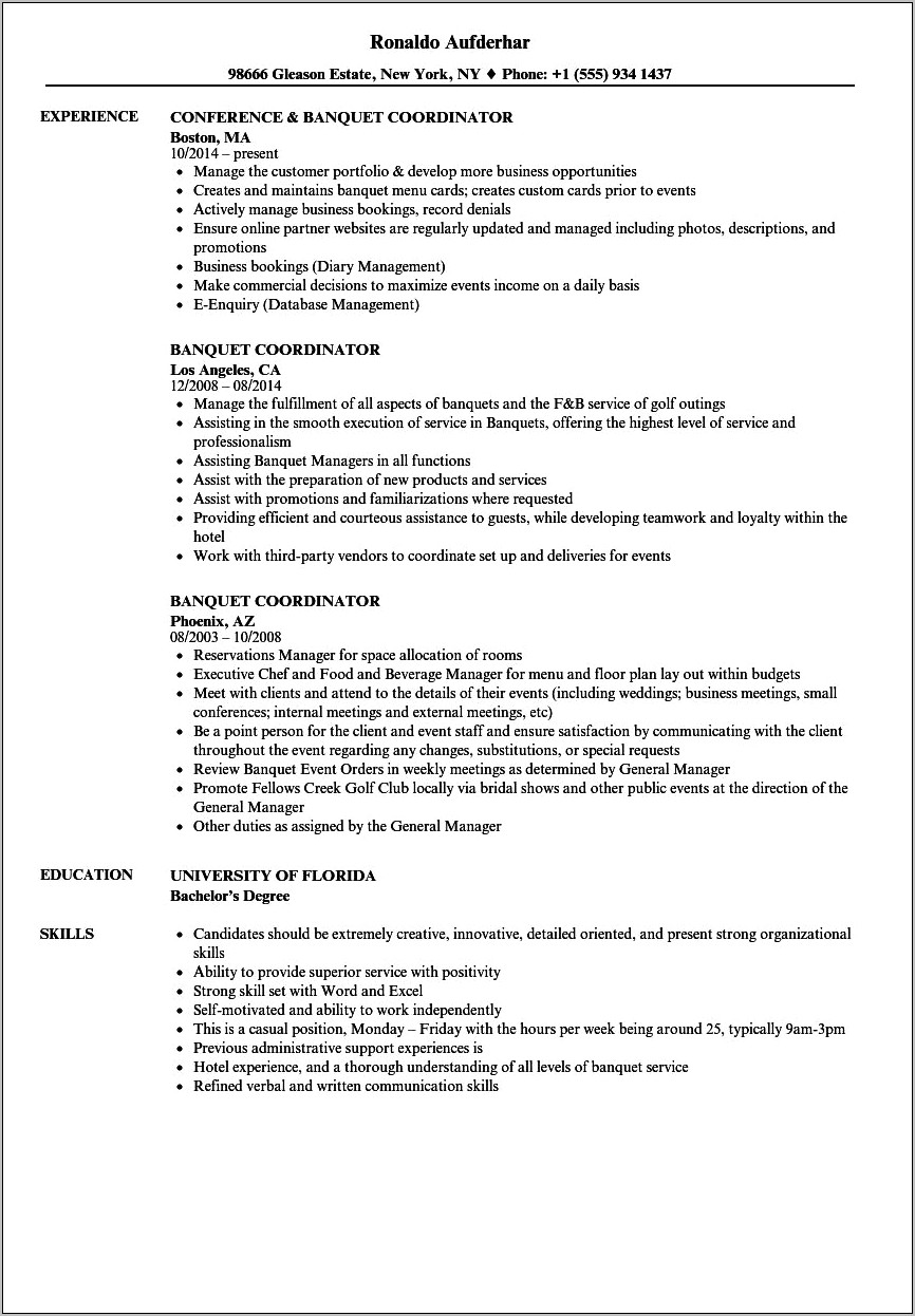 Resume Banquet Manager Job Description