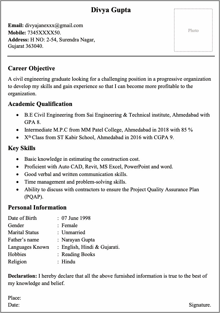 Resume Bio Example Civil Engineer