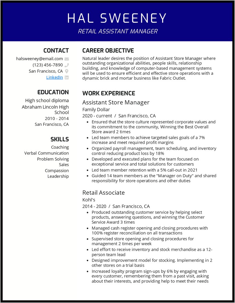 Resume Built Store Manager Leadership