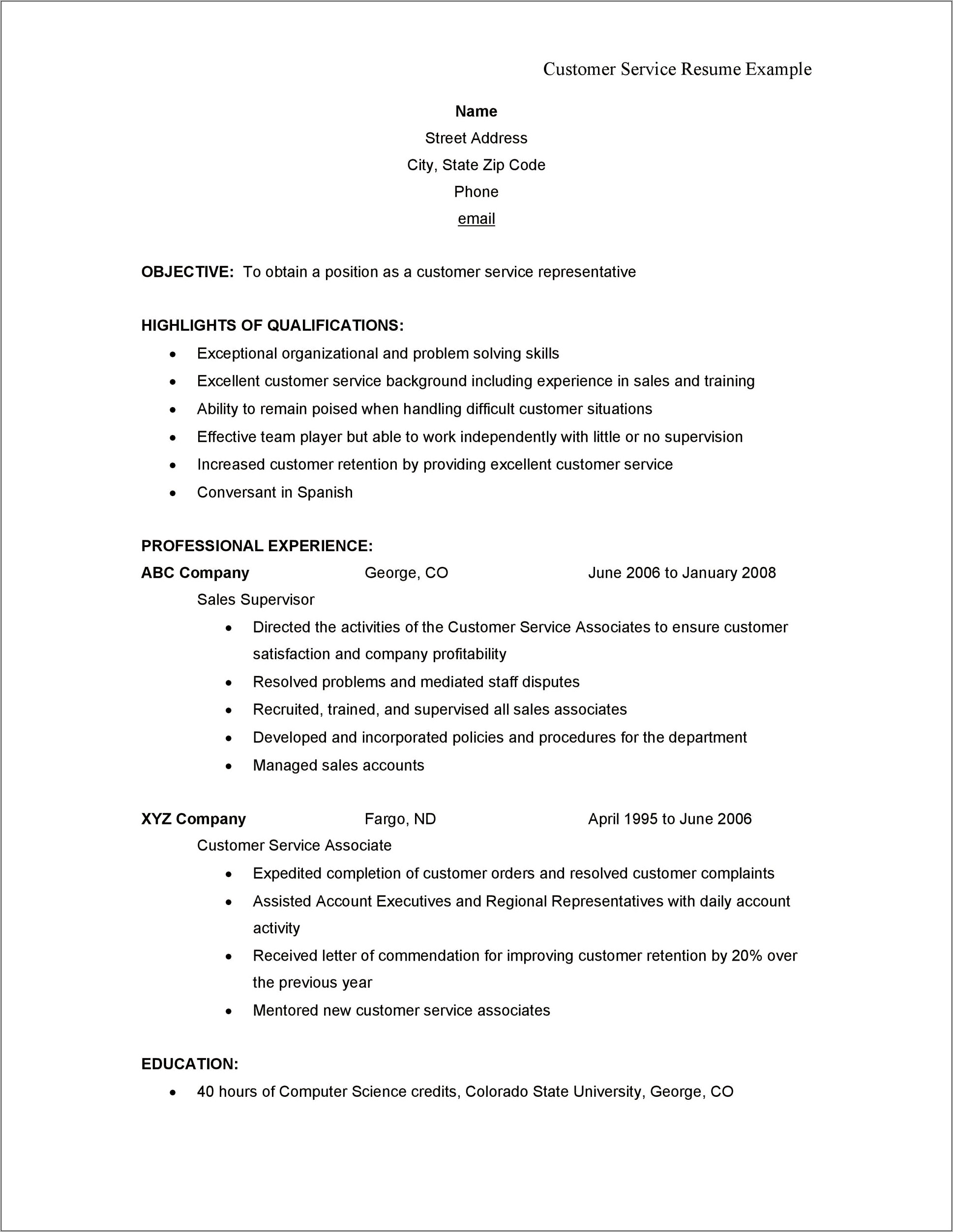 Resume Carreer Objective Customer Service