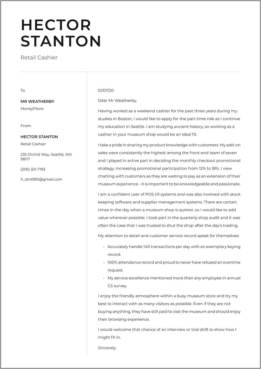 Resume Cover Letter Sample Cashier