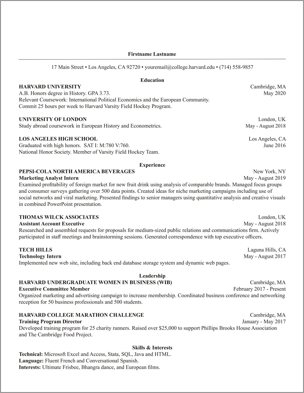 Resume Cover Letter Sample Harvard