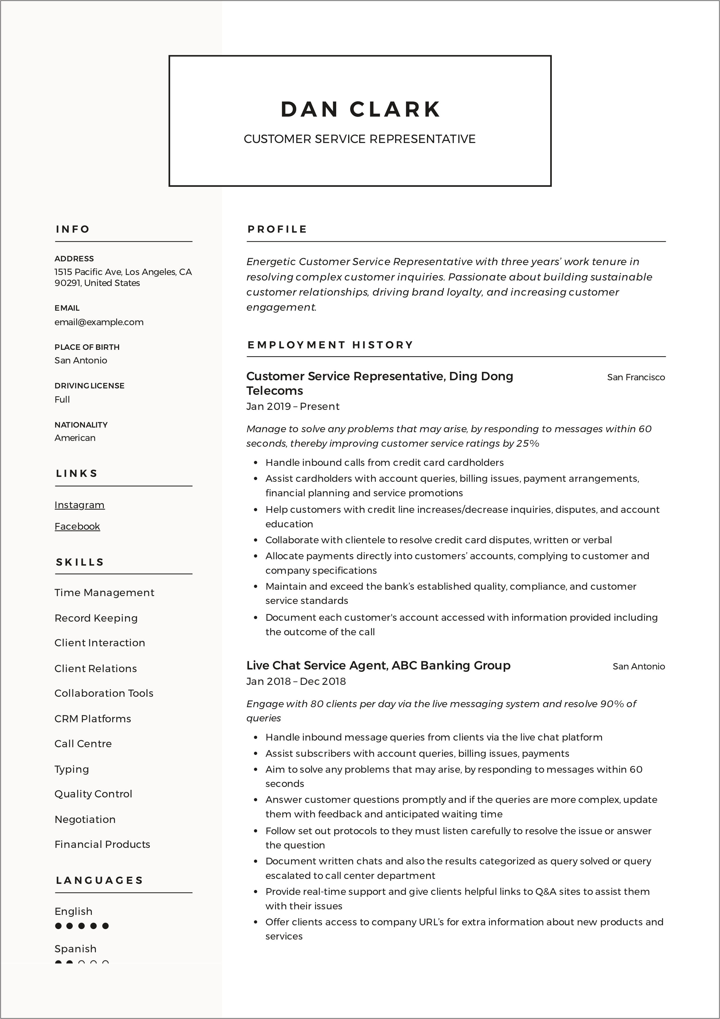 Resume Customer Sercive Summary Example